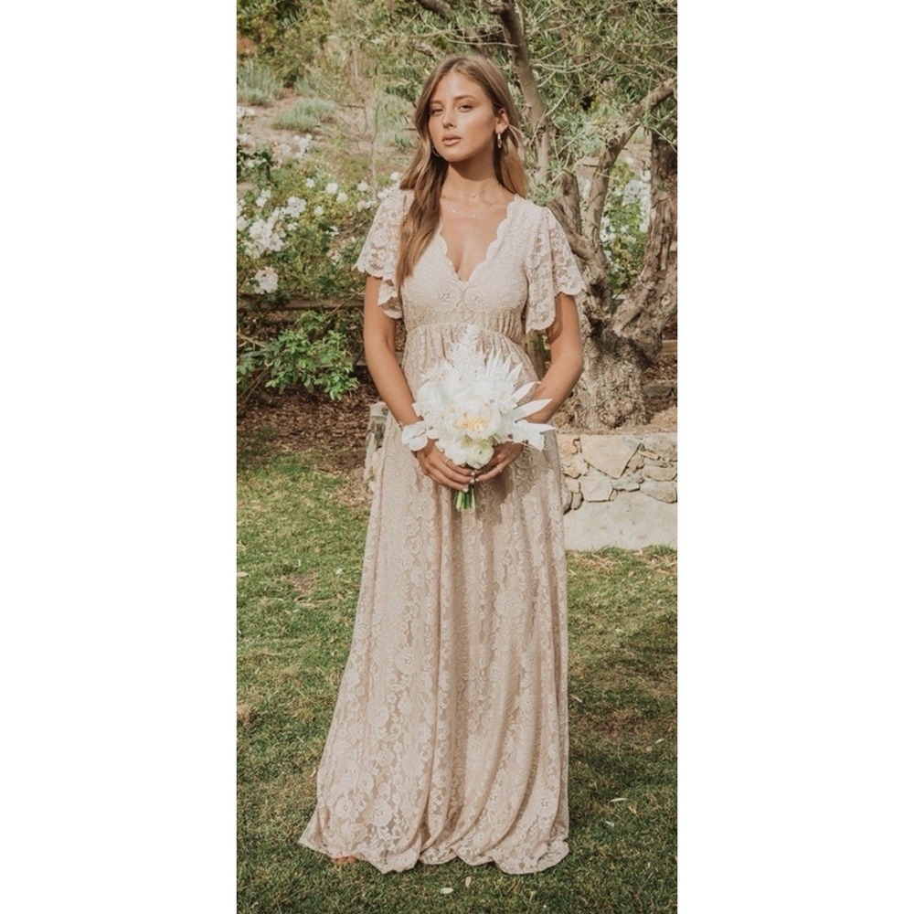 NWT Show Me Your Mumu Wedding Sandra Lace Maxi Dress Large Nude Beige Cream New